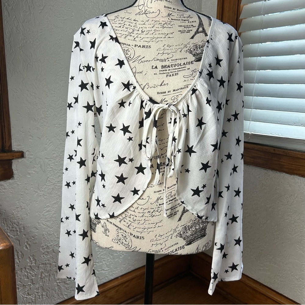 Boho Star Covered Bell Sleeve Open Front Tie Blouse Hippie Top Size 8